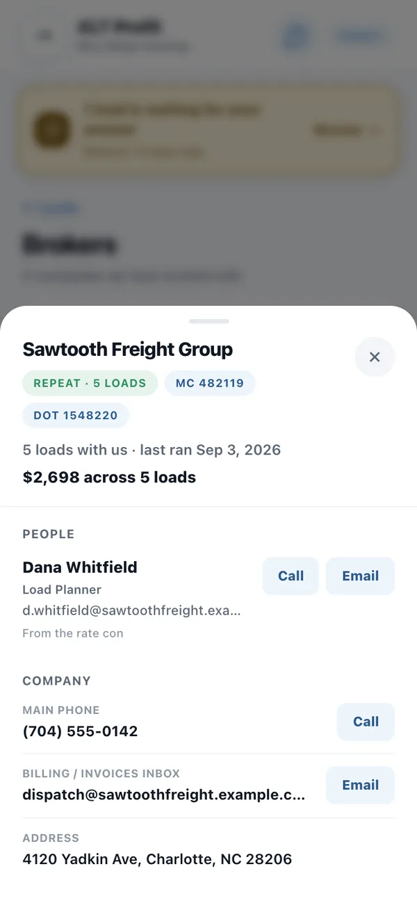 A broker card showing MC and DOT numbers, five loads, $2,698 across five loads, a named contact with call and email buttons, the main phone and the billing address.