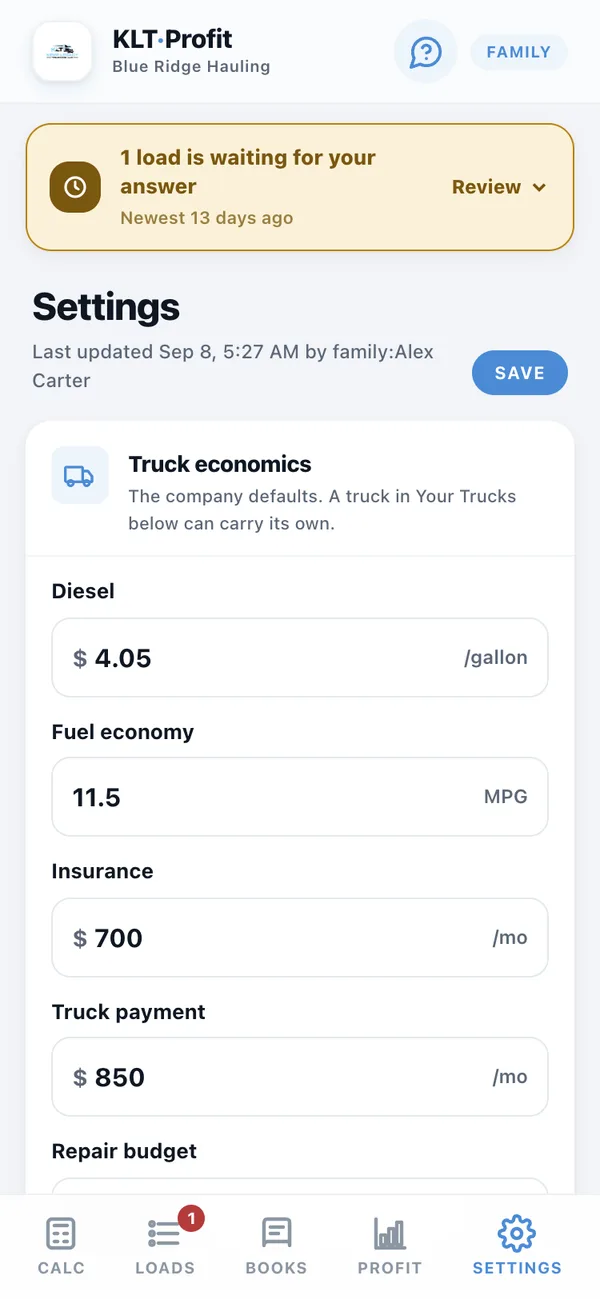 The settings screen listing diesel price per gallon, fuel economy in MPG, monthly insurance, truck payment and repair budget.
