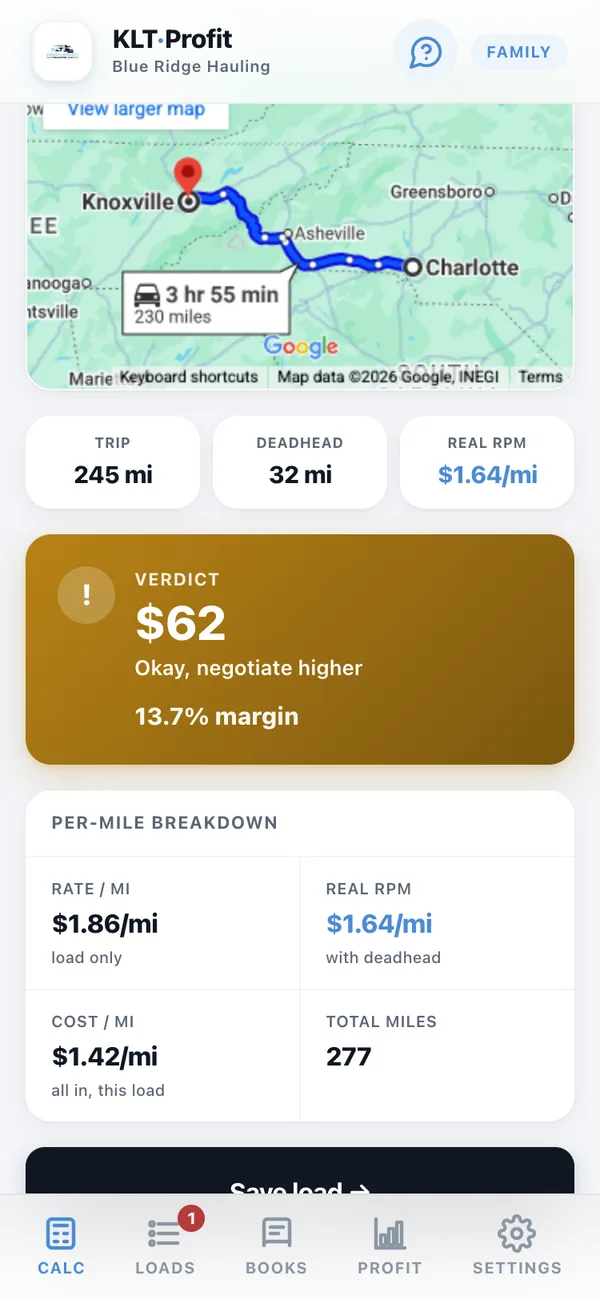 The app showing an amber verdict: $62 profit, Okay negotiate higher, 13.7% margin.